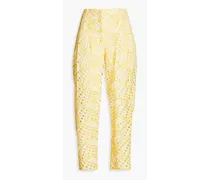 Simone cropped broderie anglaise cotton-blend tapered pants - Yellow
