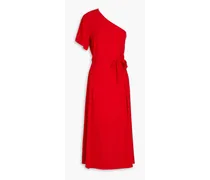 One-shoulder cutout crepe de chine midi dress - Red