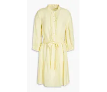 Belted slub linen mini shirt dress - Yellow