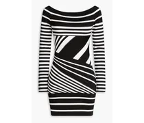 Off-the-shoulder striped ribbed-knit mini dress - Black