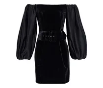 Off-the-shoulder belted satin-paneled velvet mini dress - Black