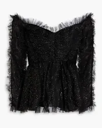 Zimmermann Off-the-shoulder ruffled glittered tulle peplum top - Black Black