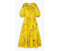Wildflower tie-detailed floral-print cotton and silk-blend voile midi dress - Yellow