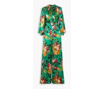 Belted floral-print silk-satin jumpsuit - Green