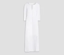 Embellished slub linen midi dress - White