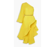 One-shoulder belted pleated georgette midi dress - Yellow