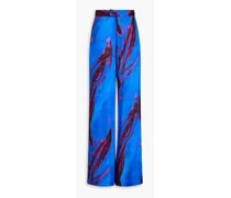 Printed silk-blend satin wide-leg pants - Blue