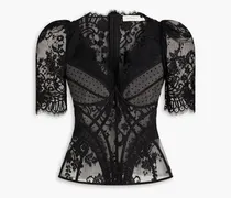 Gathered cotton-blend lace top - Black