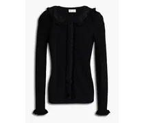 Lace-trimmed ruffled wool sweater - Black