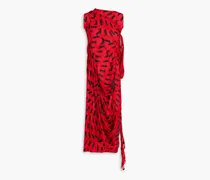 Draped printed silk-blend chiffon midi dress - Red