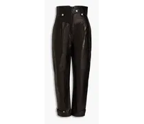 Cropped pleated crinkled-leather tapered pants - Black