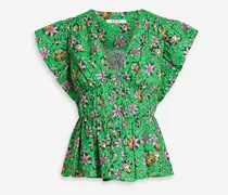 Roselyn ruffled floral-print cotton-blend poplin blouse - Green