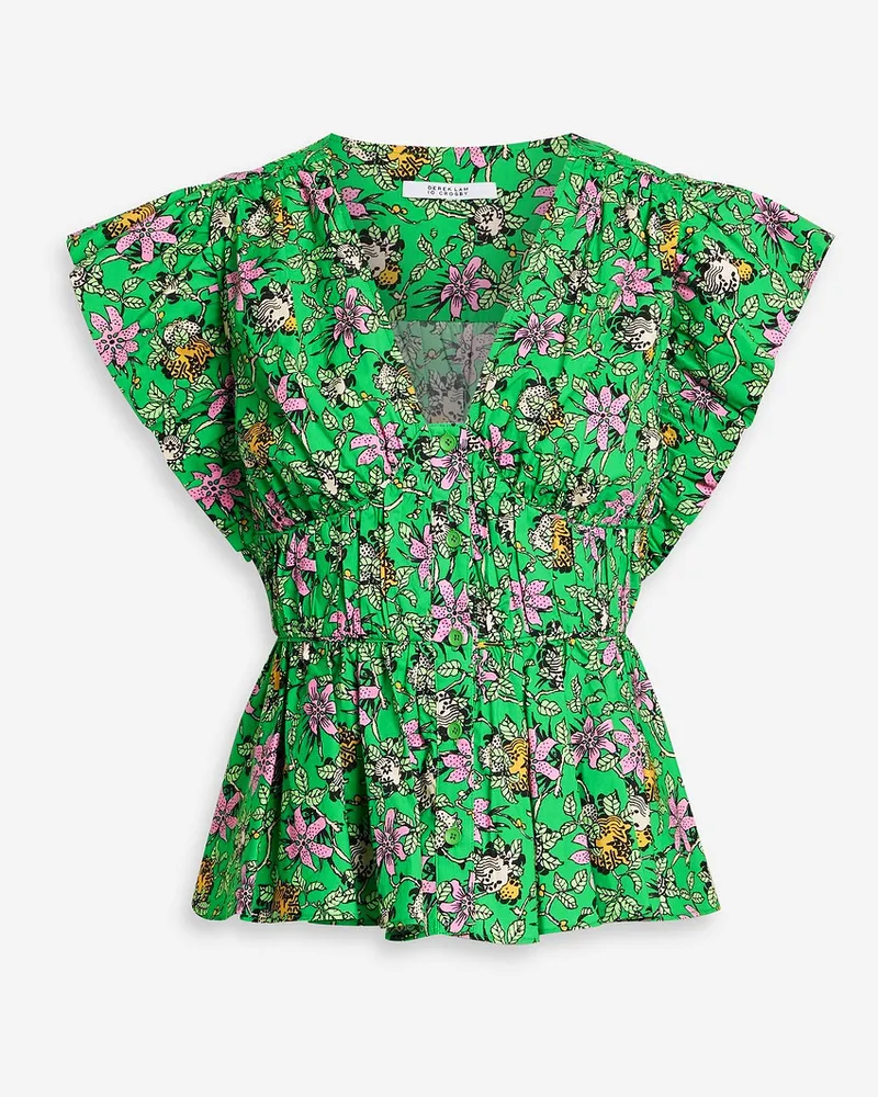 Roselyn ruffled floral-print cotton-blend poplin blouse - Green