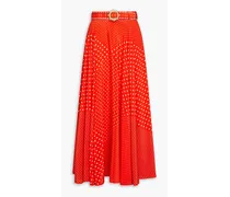 Belted polka-dot silk crepe de chine midi skirt - Red