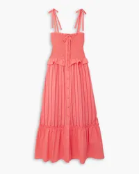 Loretta Caponi Alberica shirred striped cotton-poplin dress - Orange Orange