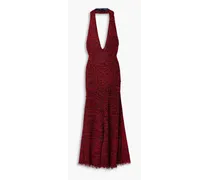 Open-back frayed knitted halterneck maxi dress - Red