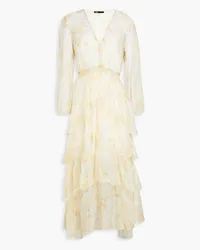 Maje Tiered printed silk-blend organza midi dress - Yellow Yellow