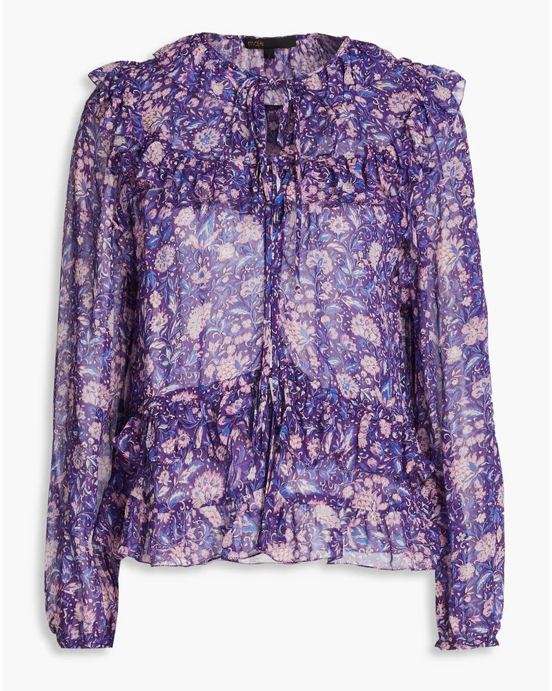 Maje Ruffled floral-print crepe de chine blouse - Purple Purple