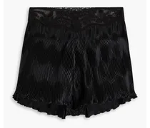 Lace-paneled plissé-satin shorts - Black