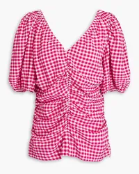 Ganni Ruched gingham seersucker top - Pink Pink