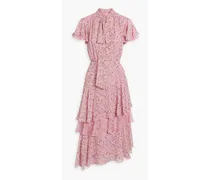 Lace-trimmed ruffled floral-print chiffon midi dress - Pink