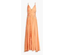 Lace-trimmed plissé silk-chiffon gown - Orange