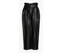 Belted pleated leather tapered pants - Black