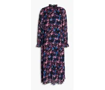 Ruffled floral-print plissé-georgette midi dress - Blue