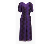 Ruched printed stretch-mesh midi dress - Purple