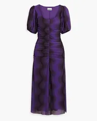 Ganni Ruched printed stretch-mesh midi dress - Purple Purple