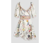 Embellished floral-print linen mini wrap dress - White