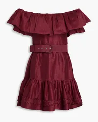 Rebecca Vallance Tiered belted linen and silk-blend faille mini dress - Burgundy Burgundy