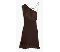 Asymmetric ruffled ponte and silk crepe de chine mini dress - Brown