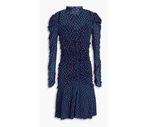 Karli ruched printed stretch-mesh mini dress - Blue