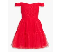 Off-the-shoulder flocked tulle mini dress - Red