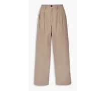 Pleated cotton-twill straight-leg pants - Neutral