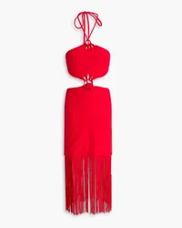 Leslie Amon Sol cutout fringed stretch-jersey halterneck midi dress - Red Red