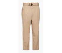 Cropped belted embellished cotton-blend twill tapered pants - Neutral