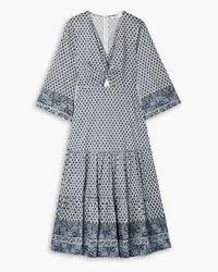 Veronica Beard Dinia gathered cutout printed cotton-blend poplin midi dress - Blue Blue