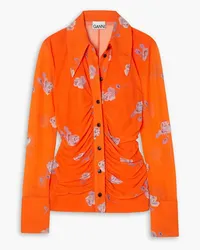 Ganni ruched floral-print stretch -mesh shirt - Orange Orange