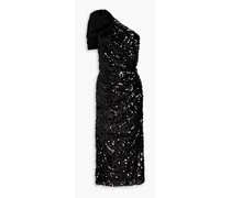 One-shoulder sequined tulle midi dress - Black