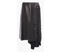 Satin crepe-paneled leather midi skirt - Black