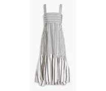 Striped gathered cotton-poplin midi dress - White