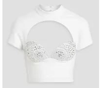 Cropped cutout crystal-embellished jersey top - White