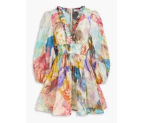 Ruffled pleated linen and silk-blend mini dress - Multicolor