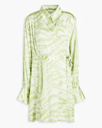 Ganni Tiger-print silk-blend satin mini wrap dress - Green Green