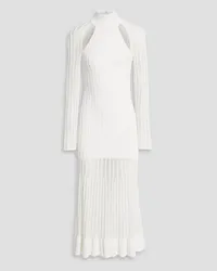 Hervé Léger Mesh-paneled ribbed-knit turtleneck midi dress - White White