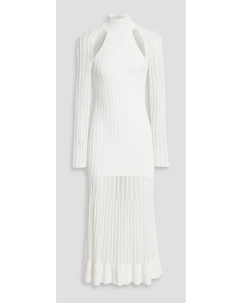 Hervé Léger Mesh-paneled ribbed-knit turtleneck midi dress - White White