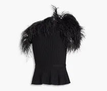 One-shoulder feather-embellished ribbed-knit top - Black