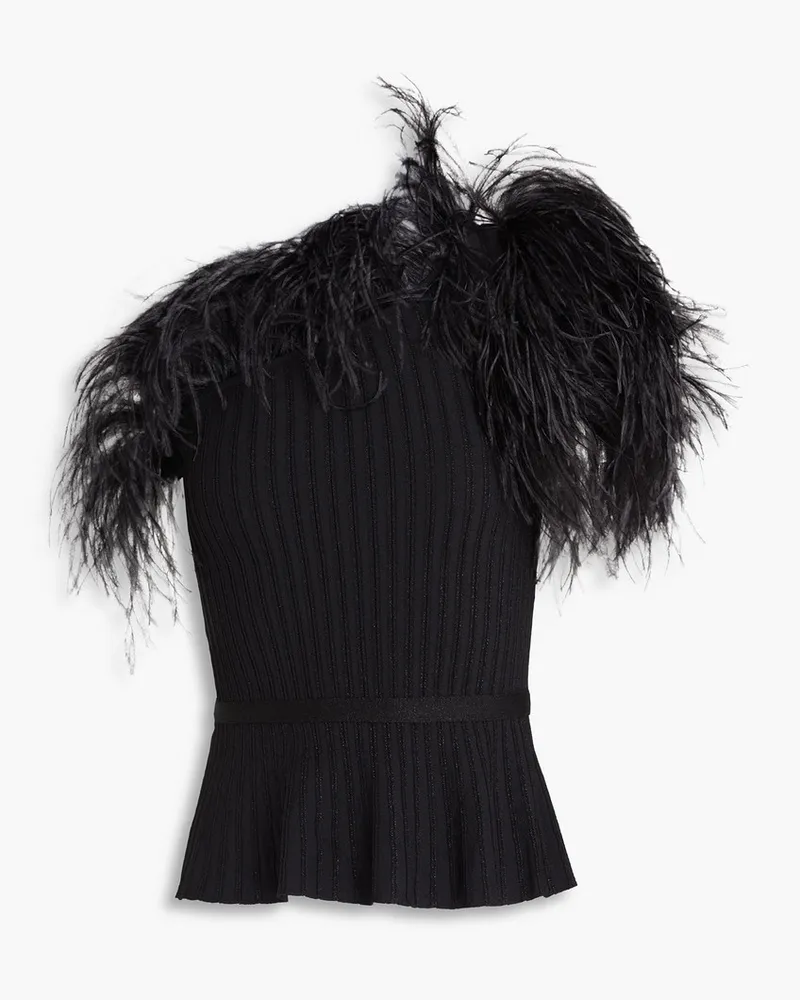 Elie Saab One-shoulder feather-embellished ribbed-knit top - Black Black